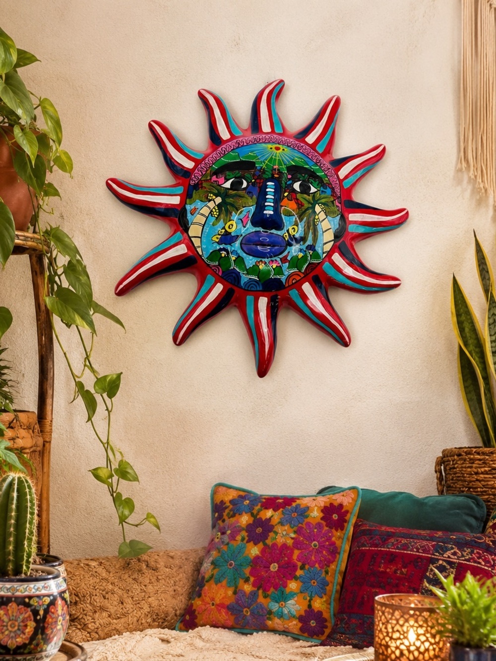 Isidoro Mexican Terracotta Sun Wall Art Hand Painted Ceramic Sun Face Plaque 10” - Picture 2 of 9